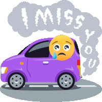 a purple car with a crying smiley face and the words " i miss you " coming out of it