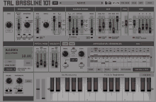 a screenshot of the tal bassline 101 app with a green screen that says acid001