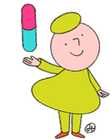 a cartoon character is holding a pink and blue pill above his head