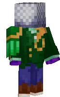 a minecraft character with a green jacket and purple pants