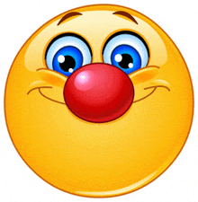 a smiley face with a red nose and blue eyes is smiling .