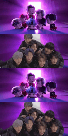 a group of boys are posing for a picture with a purple background