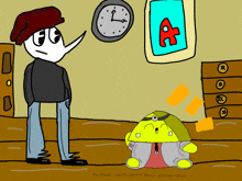 a cartoon of a man standing next to a clock and a rocket