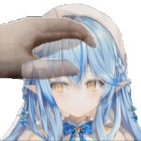 a hand touching a girl 's head with blue hair