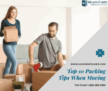 a man is packing a box while a woman holds a box