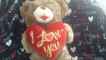 a teddy bear holds a red heart that says i love you