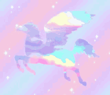 a silhouette of a unicorn with wings on a pink and blue background