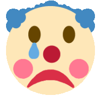 a clown with blue hair is crying with a tear coming out of his eye .