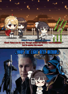 a devil may cry meme with a man holding a sword and a girl with headphones