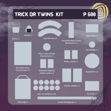 a trick or twins kit includes a drink a cup sleeves a miya twins bookmark a polaroid inspired photo card