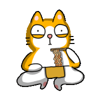 a cartoon cat is sitting in a lotus position and eating noodles with chopsticks