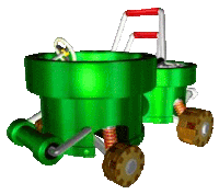 a green item with wheels and a red handle