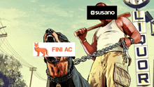 a cartoon of a man holding a bat and a dog on a leash with a sign that says fini ac