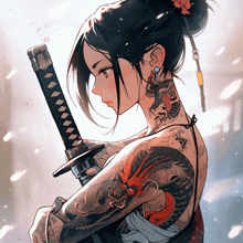 a girl with a dragon tattoo on her back holds a sword