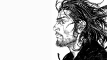 a black and white drawing of a samurai with long hair and a beard .