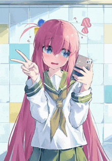 a girl with pink hair is taking a picture of herself with her phone