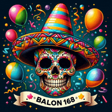 a sugar skull wearing a sombrero surrounded by colorful balloons and confetti