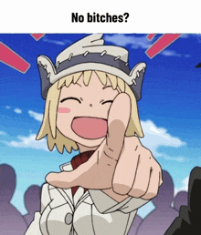 a cartoon of a girl pointing with the words no bitches below her