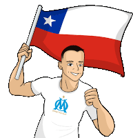 a man holding a red white and blue flag with a star on it