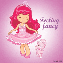 a cartoon of a girl in a pink dress with the words feeling fancy on the bottom