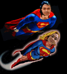 a man and a woman are flying in a superman costume