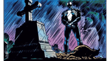 a comic book character in a black suit is standing next to a rat in front of a grave .