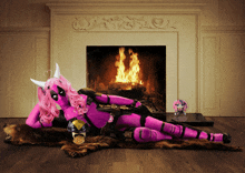 a woman in a pink costume is laying in front of a fireplace with flames coming out of it