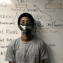 a man wearing a mask is standing in front of a white board that says " fashion "