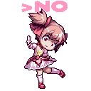 a pixel art of a girl in a pink dress giving a thumbs up and a no sign .