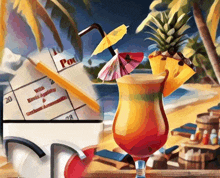 a painting of a beach scene with a calendar and a drink with umbrellas