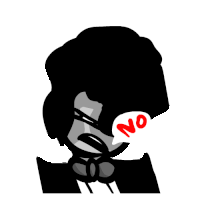 a black and white drawing of a man in a tuxedo with a speech bubble that says no