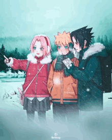 naruto , sakura and sasuke are standing in the snow .