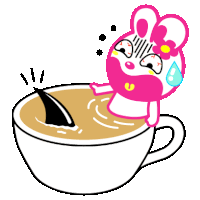 a pink cartoon character is sitting on a cup of coffee