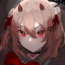 a girl with red eyes and horns has a heart shaped choker around her neck