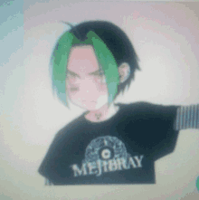 a cartoon character with green hair is wearing a shirt that says mejibray