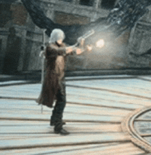 a man in a trench coat is holding a gun in a video game while standing on a wooden floor .