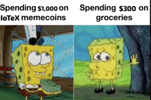 spongebob squarepants is holding a pile of money next to a pile of groceries .