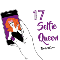 a drawing of a hand holding a cell phone with the words 17 selfie queen on the bottom