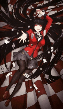 a girl with long black hair is laying on a checkered floor surrounded by playing cards and puzzle pieces