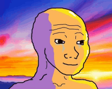 a cartoon of a bald man with a crying face in front of a colorful sunset .