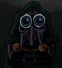 a cartoon drawing of a monster with a hood and big eyes