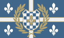 a blue and white flag with a fleur de lis and a shield