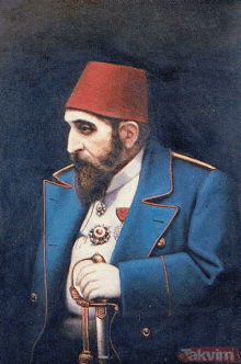 a painting of a man with a beard wearing a blue jacket and a red hat holding a sword .