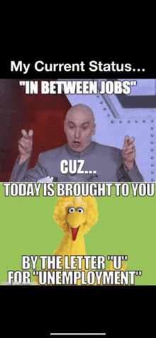 a picture of dr. evil and big bird with the caption my current status in between jobs today is brought to you