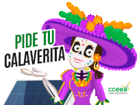 a cartoon of a woman in a day of the dead costume says pide tu calavera