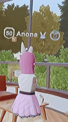 a girl in a pink dress is standing in front of a window with the name anona on it