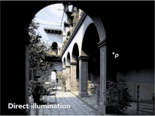 a black and white photo of a courtyard with the words direct illumination on the bottom