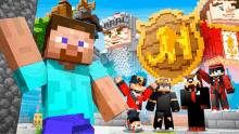 a group of minecraft characters are standing in front of a sign that says n