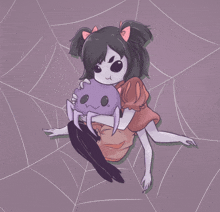 a girl is sitting on a spider web holding a stuffed animal