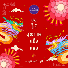 a red background with dragons and flowers and a blue scb connect logo